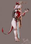 anthro armor broadsword brown_hair claws clothed clothing female hair horn looking_at_viewer melee_weapon red_body red_scales scales smile solo standing sword tail thick_thighs weapon white_body white_scales wide_hips adeloo mythology dragon mythological_creature mythological_scalie scalie hi_res