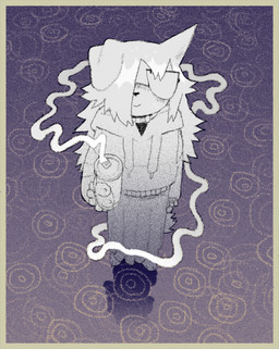 abstract_background ambiguous_gender anthro barefoot biped bird's-eye_view blush bottomwear can clothing collar container feet folded_ears high-angle_view holding_can holding_container holding_object hoodie looking_up skirt solo standing topwear shockpine canid canine canis domestic_dog mammal hi_res restricted_palette