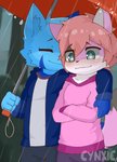 4_fingers anthro blue_body blue_ears blue_fur blush clothed clothing crossed_arms duo eyes_closed femboy fingers fully_clothed fur hair holding_object holding_umbrella male pink_body pink_clothing pink_ears pink_fur raining umbrella young young_anthro furcynxied haziq_(hazumazu) naz_namaki_(cynxie) domestic_cat felid feline felis mammal 2020 absurd_res hi_res