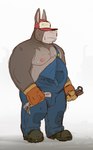 anthro baseball_cap belly big_belly bodily_fluids clothing gloves handwear hat hat_over_eyes headgear headwear male manly mature_male moobs nipples overalls overweight pecs simple_background solo sweat sweatdrop tools white_background work_boots donkeypunch asinus donkey equid equine mammal 2018 hi_res