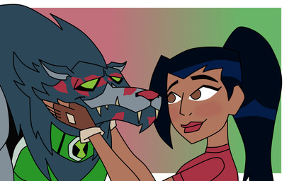 anthro black_eyebrows black_hair black_sclera blue_body blue_fur brown_clothing brown_gloves brown_handwear clothing duo eyebrows female fingerless_gloves fur gloves gradient_background green_eyes hair hands_on_another's_head handwear human_on_anthro_romance light_blush lipstick makeup male male/female mouth_closed outline ponytail red_clothing red_lipstick red_shirt red_topwear sharp_teeth shirt showing_teeth simple_background teeth topwear white_outline hpotts344 ben_10 cartoon_network omniverse blitzwolfer kai_green alien canid canine canis human loboan mammal wolf 2023 absurd_res digital_drawing_(artwork) digital_media_(artwork) english_description hi_res story story_at_source story_in_description