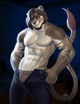 abs anthro beard biceps biped blurred_background bottomwear brown_hair bulge clothed clothing facial_hair featureless_chest hair male manly multicolored_body muscular muscular_anthro muscular_male orange_eyes pants partially_clothed solo topless underwear variri felid lion mammal pantherine tiger absurd_res hi_res