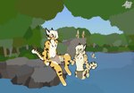 2022 aigsaft aigsaft_(character) anthro belt biped black_ears blep blue_eyes boulder ethaniel_(aigsaft) felid feline female flat_colors fluffy fluffy_tail forest forest_background fur group hair hi_res irene_(aigsaft) lake leopardus looking_at_another luisa_(aigsaft) male mammal markings medium_hair multicolored_body multicolored_fur nature nature_background navel ocelot plant rock rope rope_belt saul_(aigsaft) signature sitting standing striped_markings stripes tail tongue tongue_out tree tribal tuft water whiskers white_body white_fur white_hair yellow_body yellow_fur