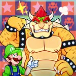 2_horns bracelet collar duo flexing gesture grin hand_gesture heart_symbol horn jewelry male nipples pecs sharp_teeth shell smile spiked_bracelet spiked_collar spiked_shell spikes spikes_(anatomy) teeth thumbs_up darkwingsnark mario_bros nintendo bowser luigi human koopa mammal scalie 1:1 hi_res