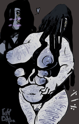 big_breasts biped blush bodily_fluids breasts female female_humanoid genital_fluids genitals hair humanoid_genitalia humanoid_vulva looking_at_viewer nipples not_furry nude simple_background skin_pattern slightly_chubby slightly_chubby_female solo standing venatplesdites_(alien_race) vulva cok3tak3r alien alien_humanoid humanoid digital_media_(artwork) hi_res herm_(lore)