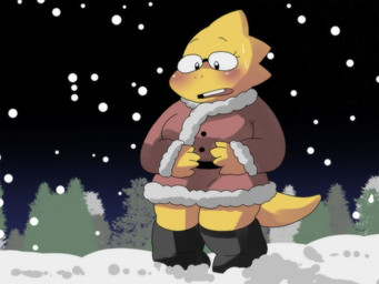 anthro bodily_fluids boots breasts buckteeth clothing coat costume eyewear female footwear glasses holidays non-mammal_breasts rectangular_glasses round_glasses santa_costume shoes shortstack shortstack_female snow solo sweat tail teeth thick_tail thick_thighs topwear yellow_body yellow_skin alpi christmas undertale undertale_(series) alphys lizard reptile scalie 2018 2021 4:3 archived_source