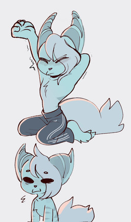 anthro barefoot blue_body blue_fur clothed clothing empty_eyes feet fluffy fluffy_tail fur hair hair_over_eye male solo tail topless topless_male tremble_spikes white_hair time_fluffy500 ratchet_and_clank sony_corporation sony_interactive_entertainment mopz_(ratchet_and_clank) lombax mammal hi_res