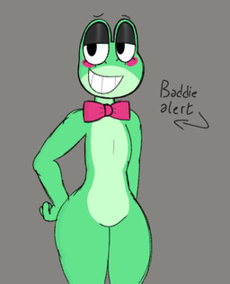 anthro black_eyebrows black_eyelids black_eyes bow_tie eyebrows female green_body grey_background hand_on_hip hand_on_own_hip looking_at_viewer multicolored_body pink_bow_tie pink_cheeks simple_background smile smiling_at_viewer solo teeth text three-quarter_view two_tone_body yanafterdark glitch_productions the_amazing_digital_circus ribbit_(tadc) amphibian frog 2026 colored digital_media_(artwork) english_text flat_colors hi_res portrait three-quarter_portrait