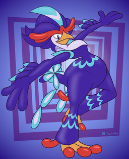 abstract_background anthro beak blue_body blue_eyes blue_feathers dancing feathers male multicolored_body orange_beak red_crest red_talons small_waist smug solo toony wide_hips gavanzude nintendo pokemon avian bird generation_9_pokemon pokemon_(species) quaquaval alternate_version_at_paywall digital_drawing_(artwork) digital_media_(artwork) hi_res signature
