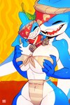 anthro big_breasts bikini blue_body blue_skin breasts clothing eyes_closed female happy leaf one_eye_obstructed plushie sharp_teeth smile swimwear teeth two-piece_swimsuit foresttherotten tamaki_(foretbwat) fish marine shark 2022 hi_res