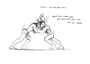 age_difference anthro antlers boxer_briefs boxer_briefs_only clothed clothing dialogue duo fight horn locking_antlers locking_horns male male/male nude text topless underwear underwear_only hladilnik deer_admiral_(hladilnik) marylin_(hladilnik) deer mammal 2026 black_and_white english_text hi_res monochrome sketch