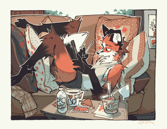 anthro claws container cup drawing_tablet feet food furniture male mug pawpads reclining sofa solo serpent_x canid canine fox mammal