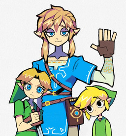 5_fingers age_difference blonde_hair blue_eyes clothing fingerless_gloves fingers gesture gloves green_clothing green_hat green_headwear group hair half-closed_eyes handwear hat headgear headwear holding_melee_weapon holding_object holding_sword holding_weapon humanoid_pointy_ears light_body light_skin looking_at_viewer male melee_weapon narrowed_eyes not_furry older_male pointy_ears pointy_hat simple_background smile square_crossover sword trio waving weapon younger_male denaseey breath_of_the_wild nintendo ocarina_of_time the_legend_of_zelda wind_waker link toon_link young_link elf humanoid hylian