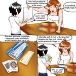 black_hair box brown_hair cardboard cardboard_box container dialogue duo female furniture hair male paper plane_tickets simple_background table text white_background inshi fluffy_pony helen_(inshi) human mammal 1:1 comic english_text hi_res