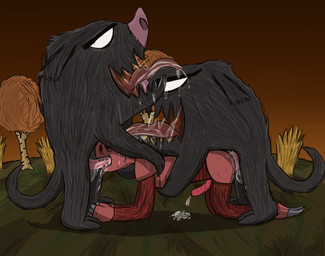 anal anthro bodily_fluids cum cum_inside doggystyle dominant dominant_feral face_fucking feral from_behind_position genital_fluids group irrumatio male male/male oral penile penis_in_mouth sex tongue tongue_out trio cannacoq don't_starve klei_entertainment uncompromising_mode wathom canid canine canis domestic_dog mammal monster hi_res