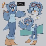 1:1 anthro avian beak biped bird blue_body blue_bottomwear blue_clothing blue_eyes blue_feathers blue_hair blue_pants blue_topwear book boots bottomwear clothed clothing digital_media_(artwork) eyewear feathers female footwear goggles hair hi_res letter looking_at_viewer martlet_(undertale_yellow) open_mouth open_smile pants simple_background smile solo standing tail text thick_thighs thin_calves thin_legs thin_thighs topwear undertale undertale_(series) undertale_yellow wide_hips winged_arms wings yellow_beak ztermidsy