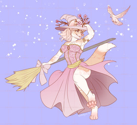 ambiguous_gender anthro barefoot broom cleaning_tool clothed clothing dress duo feet female feral fur grey_eyes hat headgear headwear orange_body orange_fur pawpads pink_clothing pink_dress pink_nose pink_pawpads star white_body white_fur tiggybloom canid mammal 2018 dated distracting_watermark hi_res signature watermark