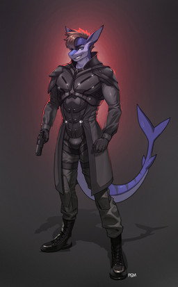 5_fingers anthro blue_body blue_eyes blue_tail brown_hair clothed clothed_anthro clothed_male clothing fingers footwear front_view fully_clothed fully_clothed_anthro fully_clothed_male gloves gun hair handwear holding_gun holding_object holding_ranged_weapon holding_weapon looking_at_viewer male ranged_weapon shoes smile solo standing tail teeth weapon pgm300 aquatic fish shark 2025 absurd_res digital_media_(artwork) hi_res