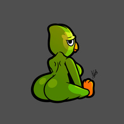 anthro beak big_butt breasts butt crossgender feet female green_body looking_back lying mascot mtf_crossgender nude on_back sitting solo yellow_beak yellow_feet kylethedesignernsfw duolingo duo_(duolingo) avian bird owl 1:1