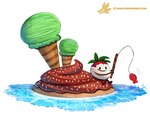 ambiguous_gender anthro black_eyes copyright_symbol dessert dot_eyes fish_in_midair fishing fishing_rod food frosting fruit humor ice_cream ice_cream_cone island leaf plant pun smile solo sprinkles strawberry symbol text visual_pun water piper_thibodeau fish food_creature ice_cream_creature marine 2016 digital_media_(artwork) digital_painting_(artwork) url