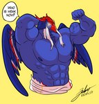 anthro back_wings biceps flexing looking_at_viewer male muscular muscular_male nipples solo text wings yellow_eyes jabuhusky super_sentai zyuden_sentai_kyoryuger wise_god_torin_(zyuden_sentai_kyoryuger) avian humanoid