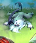 ambiguous_gender claws feral food fur grass grill horn lying meat on_front on_grass plant red_eyes sausage solo tail tail_motion water white_body white_fur likey nintendo pokemon absol generation_3_pokemon pokemon_(species) 2024 hi_res female_(lore)