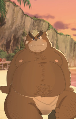 anthro bandage beach body_hair chest_hair clothing green_hair hair hairy happy_trail male mohawk moobs nipples overweight overweight_anthro overweight_male seaside snaggle_tooth solo speedo sunset swimwear yu1052shin lifewonders tokyo_afterschool_summoners ashigara_(tas) bear mammal hi_res