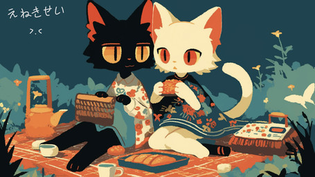 anthro basket black_body black_fur cape clothing container cup duo female food fur grass green_background green_clothing holding_food holding_object male picnic_basket plant red_eyes simple_background sitting white_body white_clothing white_fur yellow_eyes eneki_sei domestic_cat felid feline felis mammal 16:9 widescreen