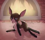 bedroom_eyes blush female feral fireplace flirting half-closed_eyes lying narrowed_eyes pose seductive solo teasing tongue tongue_out young young_feral midnightgospel parfait_(nightdancer) deer mammal pinup