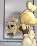 3d_background anthro breasts brown_clothing brown_eyes brown_topwear butt clothing eyelashes female fur hair hair_bun looking_up mirror panties reflection shirt smile solo tail tank_top text thick_thighs topwear touching_hair underwear yellow_body yellow_fur guak animal_crossing nintendo isabelle_(animal_crossing) canid canine mammal 2024 hi_res