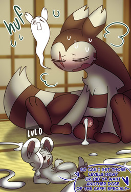 balls bodily_fluids brown_body brown_fur cheek_tuft chest_tuft cum cum_drip cum_on_face cum_on_penis cumshot dripping duo ejaculation facial_tuft feral fur genital_fluids genitals male multicolored_body multicolored_fur penis tail text tuft halfpricesouls nintendo pokemon cappucinno_(halfpricesouls) cin_(halfpricesouls) furret generation_2_pokemon generation_5_pokemon minccino pokemon_(species) absurd_res comic english_text hi_res