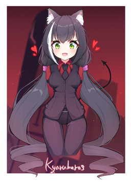 black_body black_fur black_hair border breasts clothing female fur green_eyes hair heart_symbol long_hair medium_breasts simple_background solo spade_tail tail white_border zangi_(lkt2012) cygames helltaker princess_connect! princess_connect!_re:dive karyl_(princess_connect!) animal_humanoid cat_humanoid felid felid_humanoid feline feline_humanoid humanoid mammal mammal_humanoid absurd_res crossover hi_res