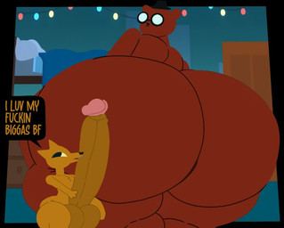big_butt big_penis butt duo erection genitals huge_penis hyper hyper_genitalia hyper_penis larger_sub male male/male penis size_difference submissive text thick_thighs furu_flami night_in_the_woods angus_delaney gregg_lee bear canid canine fox mammal