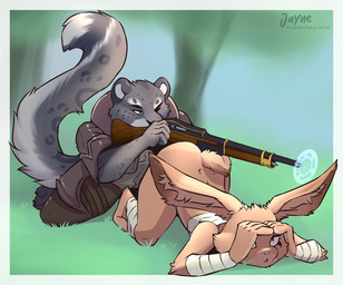 anthro ass_up bandage bottomwear butt clothed clothing duo feet female fur grass grey_body gun holding_gun holding_object holding_ranged_weapon holding_rifle holding_weapon kneeling male narrowed_eyes nude one_eye_closed outside plant ranged_weapon rifle simple_background spots tail topwear tree weapon jonas-puppeh dungeons_and_dragons hasbro wizards_of_the_coast kaina_(jonas-puppeh) felid hare harengon lagomorph leporid mammal pantherine snow_leopard digital_media_(artwork) hi_res