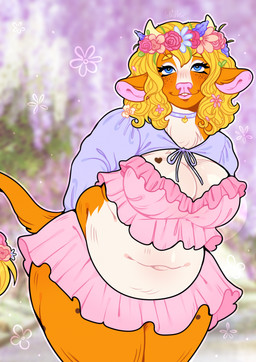 accessory anthro belly belly_overhang big_breasts blonde_eyebrows blonde_hair blue_choker blue_clothing blue_eyes blue_jewelry blue_necklace blue_topwear blurred_background bottomwear breasts choker cleavage clothed clothing crop_top deep_navel eyebrows female flower flower_in_hair freckled_face freckles frilly frilly_clothing fur hair hair_accessory heart_(marking) horn jewelry lips looking_up markings medium_hair miniskirt navel necklace orange_body orange_fur overweight overweight_anthro overweight_female pink_bottomwear pink_clothing pink_crop_top pink_lips pink_nose pink_shirt pink_skirt pink_topwear plant shirt skirt solo tail tail_tuft thick_thighs topwear tuft white_body white_fur wide_hips yellow_horn szaris bovid bovine cattle mammal 2025 colored digital_drawing_(artwork) digital_media_(artwork) flat_colors hi_res