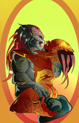 dreadlocks duo female hug love male not_furry nude romantic romantic_couple text squarerootofdestiny predator_(franchise) alien yautja english_text hi_res