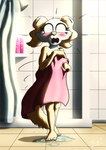 anthro bare_shoulders blush covering embarrassed feet female fur looking_at_viewer multicolored_body multicolored_fur shower solo towel two_tone_body two_tone_fur water wet wet_body wet_fur tarri tarripup aggretsuko sanrio inui_(aggretsuko) borzoi canid canine canis domestic_dog hunting_dog mammal sighthound 2020 hi_res