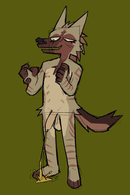 anthro bodily_fluids chibi genital_fluids genitals male nipples nude peeing penis simple_background solo urine urine_stream watersports openfracturesday canid canine canis mammal absurd_res digital_media_(artwork) hi_res