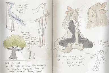 4_ears 4_eyes anthro barefoot black_clothing black_skinsuit clothing coat duo feet female feral fur green_eyes hair journal journal_entry lab_coat looking_at_viewer multi_ear multi_eye paws pink_nose plant skinsuit tail tail_tuft tan_body tan_fur tan_hair text tight_clothing topwear tree tuft whiskers tateoftot sabi_(tateoftot) alien avian bird felid human mammal 3:2 english_text hi_res sketch sketch_page