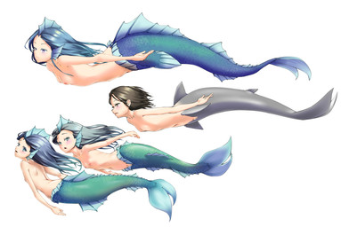 bangs black_eyes black_hair breasts collarbone female fin fish_tail genitals gradient_hair green_eyes group hair hair_between_eyes head_fin loli long_hair monster_girl_(genre) multicolored_hair navel nipples nude shark_fin shark_tail short_hair sidelocks simple_background split_form swimming vulva white_background young c.t_(yoyo860222) animal_humanoid aquatic aquatic_humanoid fish fish_humanoid humanoid merfolk shark_humanoid absurd_res digital_media_(artwork) hi_res shaded
