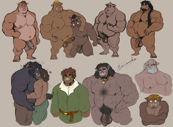 anthro arm_around_shoulders armpit_hair balls beard black_body black_fur blush body_hair bottomwear braided_hair braided_ponytail brown_body brown_fur brown_hair bulge circumcised clothing erection eyewear facial_hair flaccid foreskin fur genitals glasses group hair heart_symbol human_on_anthro interspecies kissing larger_anthro larger_male long_hair male male/male musclegut muscular muscular_anthro muscular_male nipples nude pants partially_retracted_foreskin pecs penis ponytail pubes retracted_foreskin romantic simple_background size_difference smaller_human smaller_male stubble tusks white_hair desertb0ar human humanoid mammal orc suine 2022 hi_res