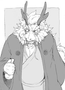 alcohol anthro barbel_(anatomy) beverage blush clothing drunk flesh_whiskers horn kemono male mature_anthro mature_male solo substance_intoxication kmd023 asian_mythology east_asian_mythology mythology dragon eastern_dragon mythological_creature mythological_scalie scalie monochrome