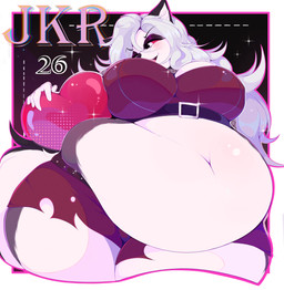 anthro belly black_body black_fur bottomwear breasts chubby_cheeks clothing female fur grey_hair hair long_hair morbidly_obese multicolored_body multicolored_fur obese open_mouth overweight overweight_female red_bottomwear red_clothing red_sclera red_shorts shorts solo tail thick_thighs white_body white_eyes white_fur demongirl_demoness hellaverse helluva_boss mythology loona_(helluva_boss) canid canid_demon canine canis demon hellhound mammal mythological_canine mythological_creature wolf 2026 absurd_res digital_drawing_(artwork) digital_media_(artwork) hi_res