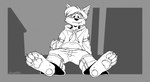 anthro bottomwear clothing eyewear feet foot_focus foreshortening glasses goggles goggles_on_face head_hair head_tuft hindpaw hoodie oversized_bottomwear oversized_clothing oversized_pants pants pawpads paws simple_background sitting sitting_on_ground smile smiling_at_viewer solo sunglasses sunglasses_on_face tail topwear track_pants tuft softailfox canid canine canis domestic_dog husky mammal nordic_sled_dog spitz black_and_white hi_res monochrome unfinished