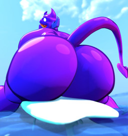 barazoku big_butt butt butt_focus glistening glistening_butt horn huge_butt looking_back male not_furry not_furry_focus nude partially_submerged purple_body purple_butt seductive sharp_teeth sky skyscape smile solo spade_tail surfboard surfing tail teeth water bigbchevalier demon humanoid