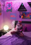 anthro bed bed_sheet bedding bedroom bone briefcase cable clothing decoration electronics female furniture hookah lamp phone poster skull smoke smoking solo table techiesxc felid lion mammal pantherine digital_media_(artwork) hi_res