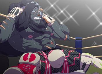 abs anthro bulge chokehold clothing duo fighting_ring fishnet_clothing fishnet_leggings fishnet_legwear fur grey_body grey_fur headlock horn leggings legwear male muscular muscular_anthro muscular_male nipples pecs wrestling wrestling_outfit pleiades_fall lifewonders tokyo_afterschool_summoners krampus_(tas) monster hi_res