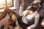 anthro big_breasts blue_eyes bottomwear bra bra_peek breasts brown_body brown_fur camel_toe chair cleavage clothed clothing dress_shirt eyelashes fanning fanning_self female fishnet_clothing fishnet_legwear fishnet_thigh_highs fur furniture genitals heat_(temperature) inside lace_bra legwear looking_at_viewer miniskirt no_underwear office office_chair pussy raised_bottomwear raised_clothing raised_skirt reclining shirt skirt solo spread_legs spreading tail tail_tuft thigh_highs topwear tuft underwear window amur lainey_(legojohn) equid equine hybrid mammal mule hi_res