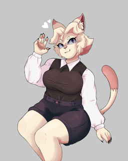 :3 anthro bottomwear breasts clothing dipstick_tail eyebrows eyelashes female fur gesture grey_background grey_eyes hair long_sleeves long_tail markings pawpads pink_nose pupils shirt shorts simple_background sitting slit_pupils smile solo tail tail_markings tan_body tan_ears tan_eyebrows tan_fur tan_hair topwear waving skibanana domestic_cat felid feline felis mammal absurd_res hi_res