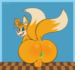 2_tails anus balls big_butt blue_background blue_eyes butt chaos_emerald fangs fur gem genitals male multi_tail object_in_ass orange_body orange_fur penetration shota simple_background smile smiling_at_viewer solo tail teeth thick_thighs wide_hipped_male wide_hips young sherwind52 sega sonic_the_hedgehog_(series) miles_prower canid canine fox mammal absurd_res hi_res